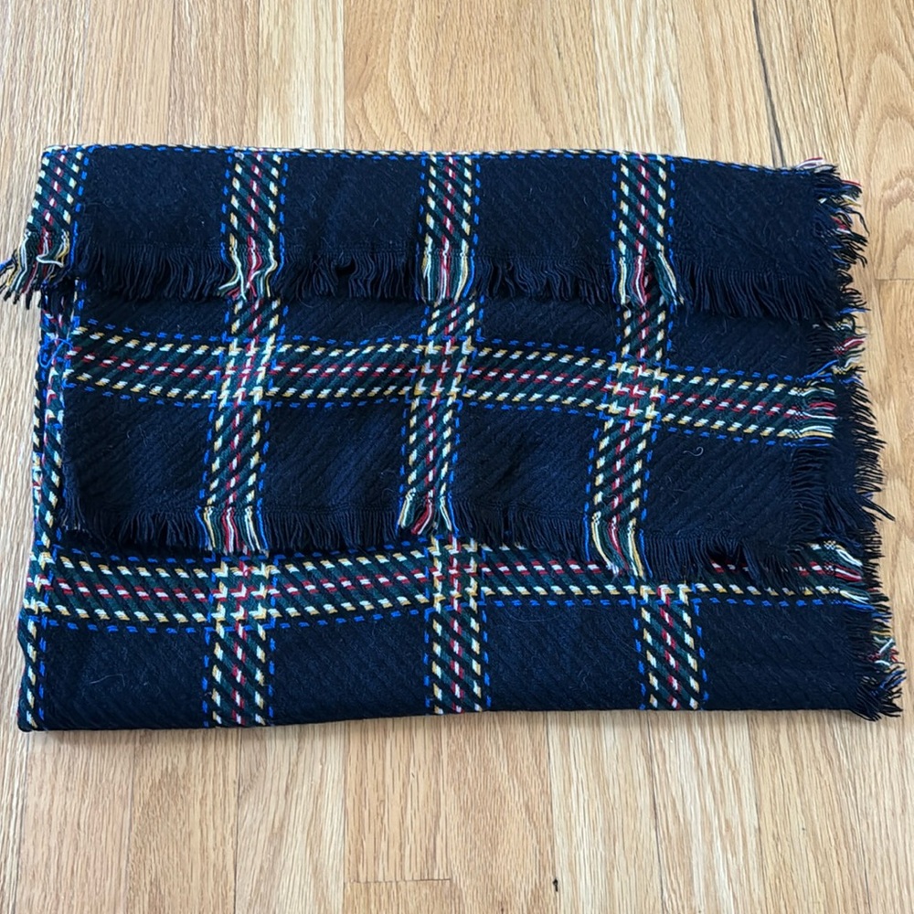Blanket Scarf, black with blue,red, yellow, green, and white detail